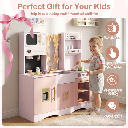 Pink Wooden Play Kitchen Set | Microwave Coffee Maker
