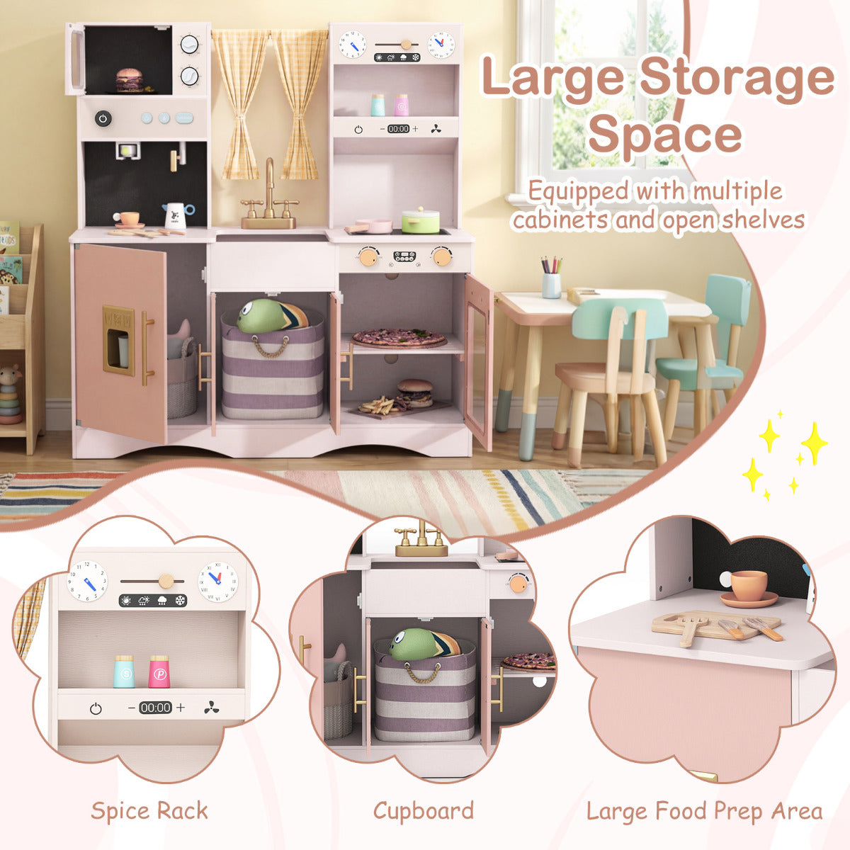 Pink Wooden Play Kitchen Set | Microwave Coffee Maker