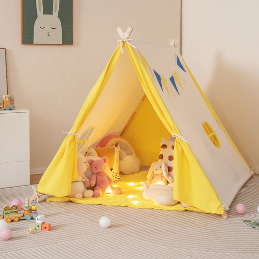 Yellow triangular play tent with wooden frame for indoor and outdoor kids fun.