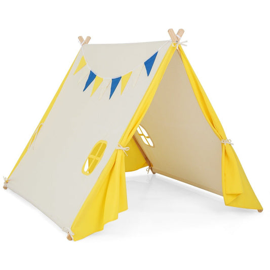 Yellow triangular kids play tent with wood frame, perfect for indoor and outdoor play.