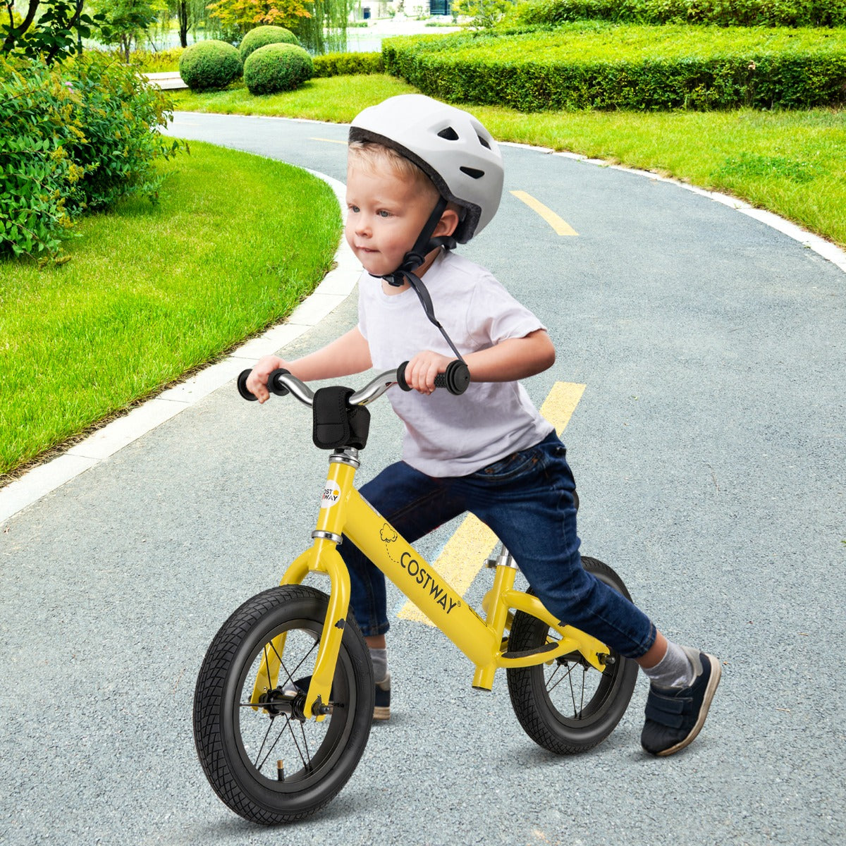 Yellow 30cm toddler balance bike, ideal for teaching kids to ride independently at home.