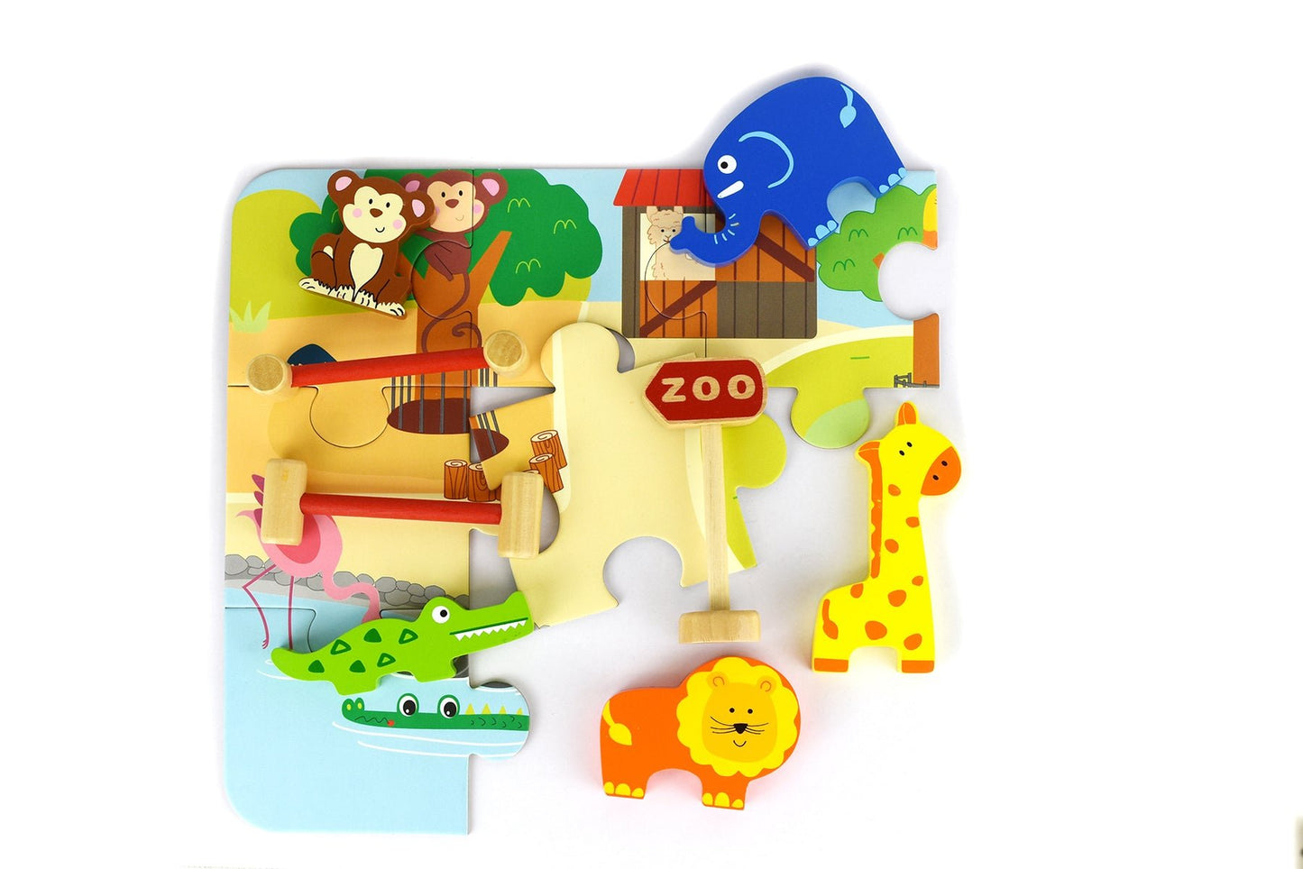 Colorful zoo puzzle playset in portable tin case for engaging and educational kids play.