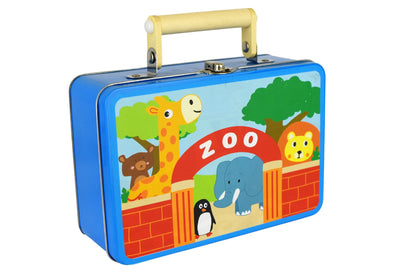 Colorful zoo puzzle playset in portable tin case for interactive, on-the-go fun at home.