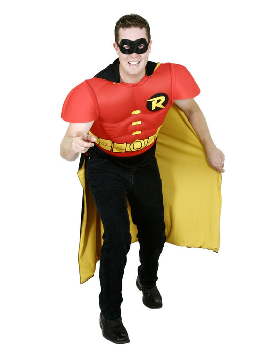 Robin muscle chest costume top with cape, perfect for kids dress-up play at home.