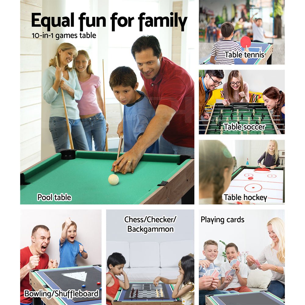 Multi-game kids combo table for soccer, foosball, hockey, pool, and bowling fun at home