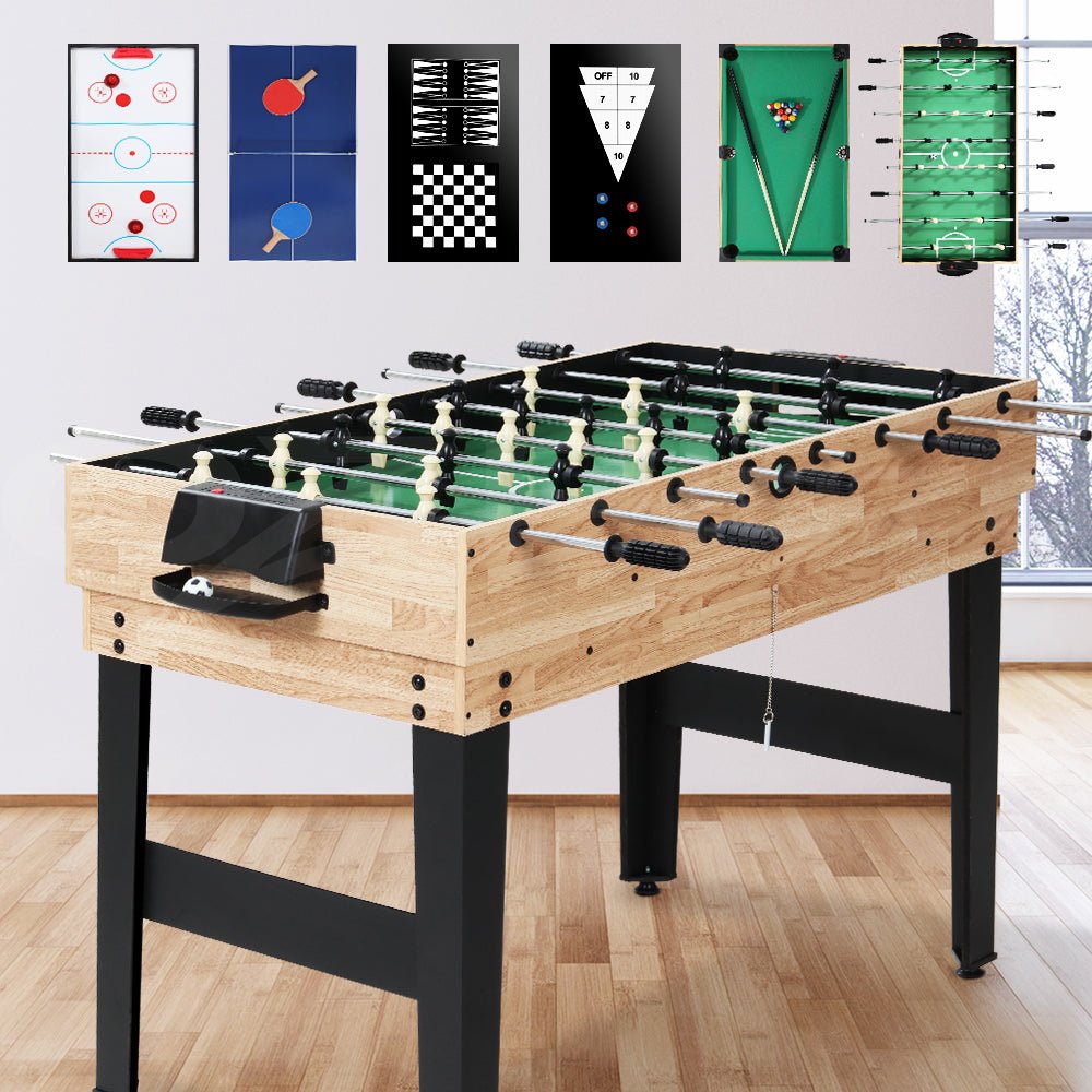 Multifunctional soccer table with foosball, hockey, pool, bowling games for kids home entertainment.