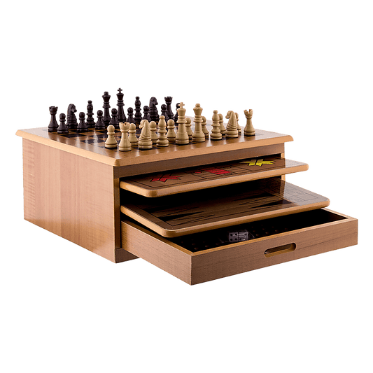 Wooden 10-in-1 chess/board game set with slide-out checkers - ideal for kids indoor fun.