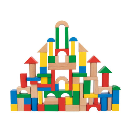 Multicolored 100-piece wooden blocks for creative play and learning in kids playroom.