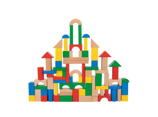 Multicolored 100-piece wooden blocks for creative play and learning in kids playroom.