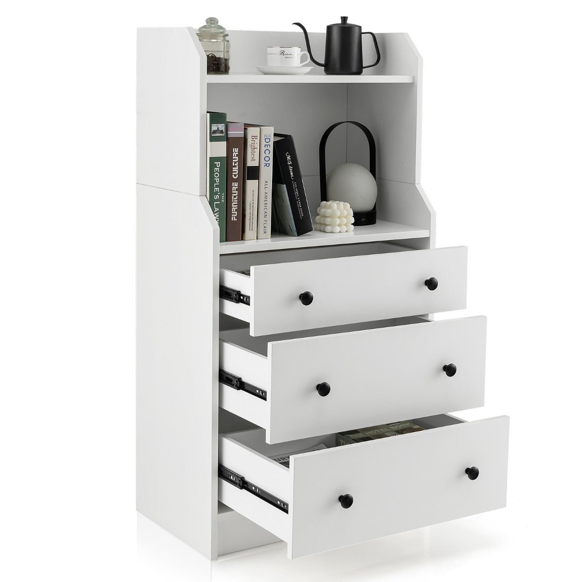 Colorful 3-drawer dresser with shelves for kids storage organization and playroom decluttering.