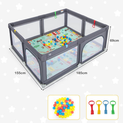 Dark Grey Portable Baby Playpen with Ocean Balls and Pull Rings for home playtime.