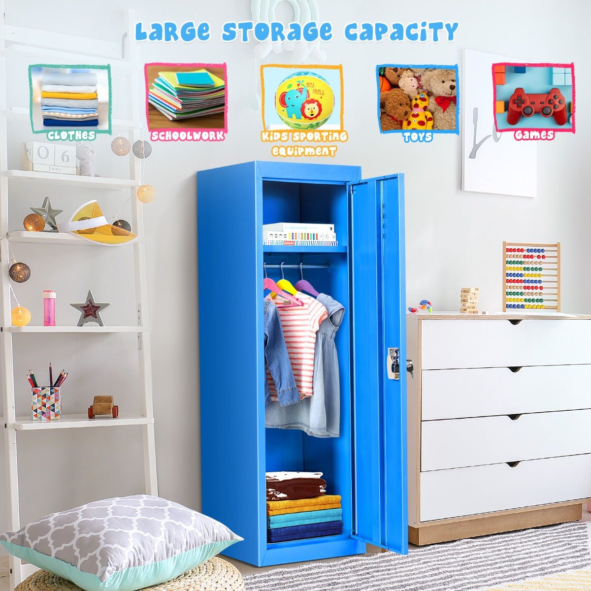 122cm Metal Storage Locker for Children - Hanging Rod and Shelf Included