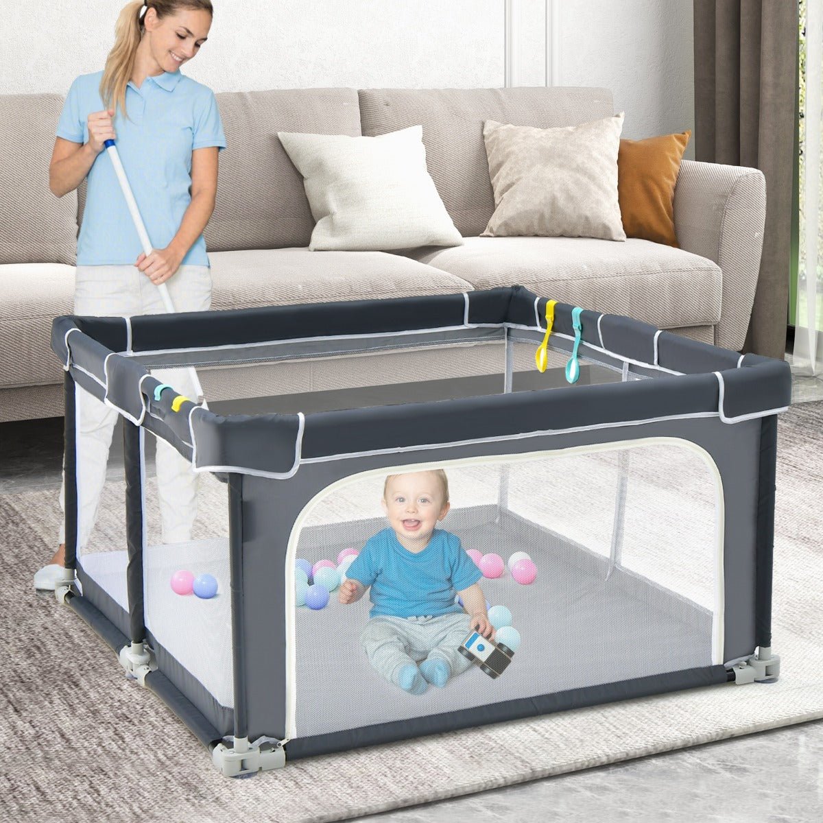 Buy 124cm Foldable Baby Playpen Interactive Activity Center with Balls for Kids-Dark Grey