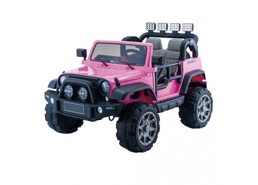 12V pink electric ride-on jeep for kids, ideal for fun and outdoor play at home.