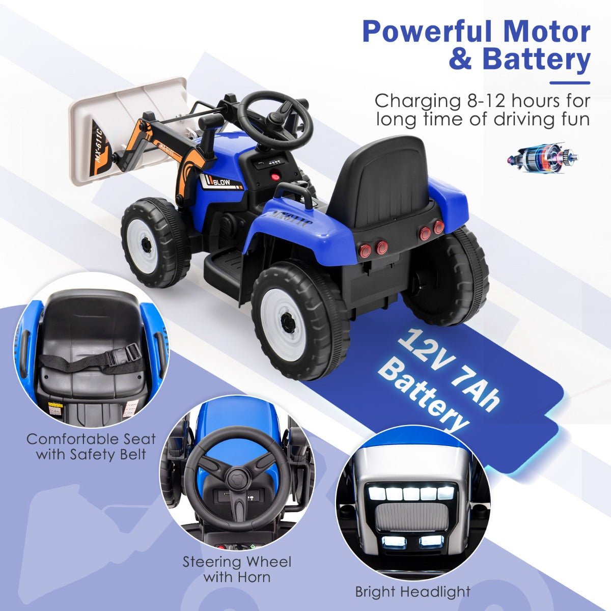 Blue Armored Excavator: 12V Kids Ride On with Adjustable Arm and Bucket