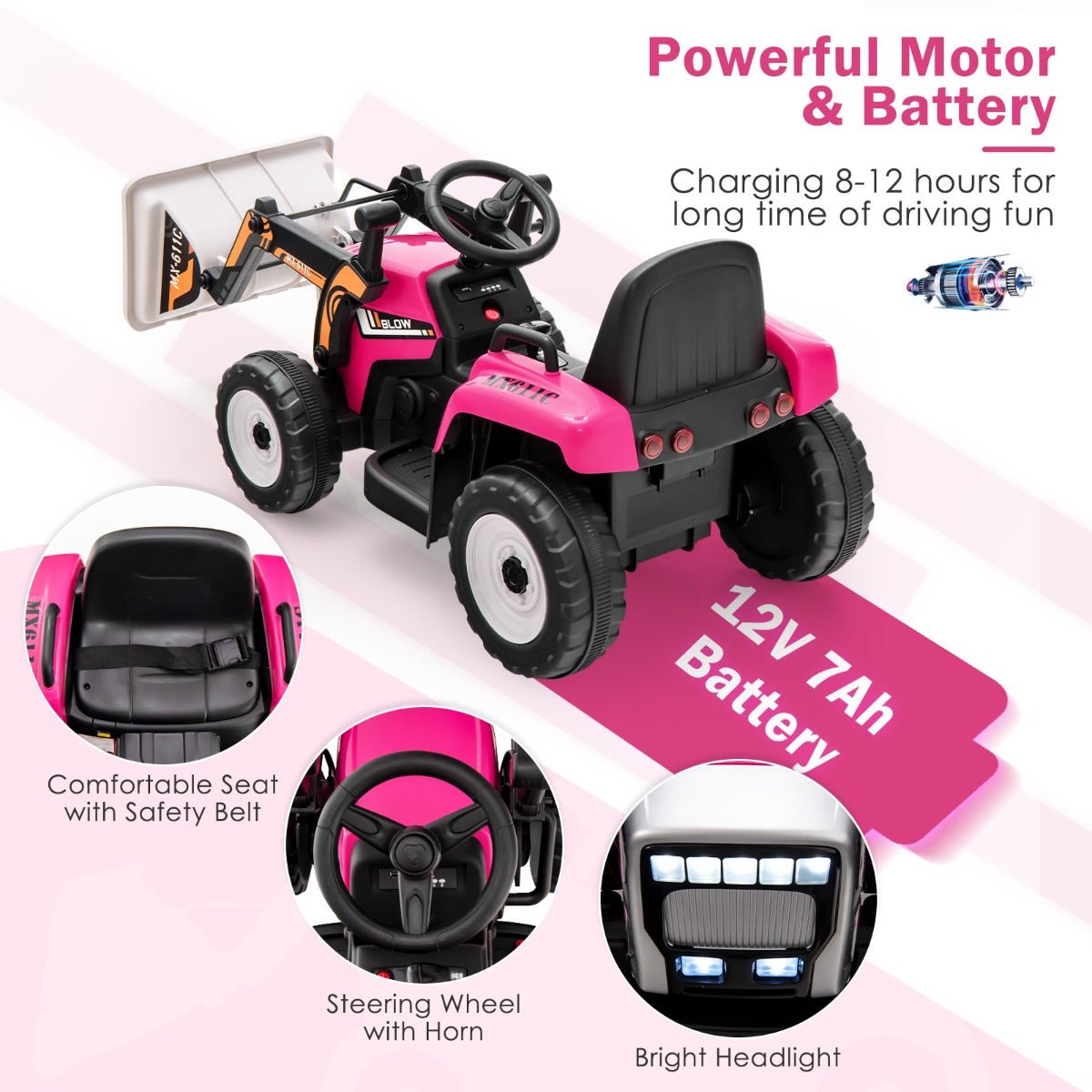 Pink Creative Playtime: 12V Kids Excavator Ride On, Adjustable Arm Delight