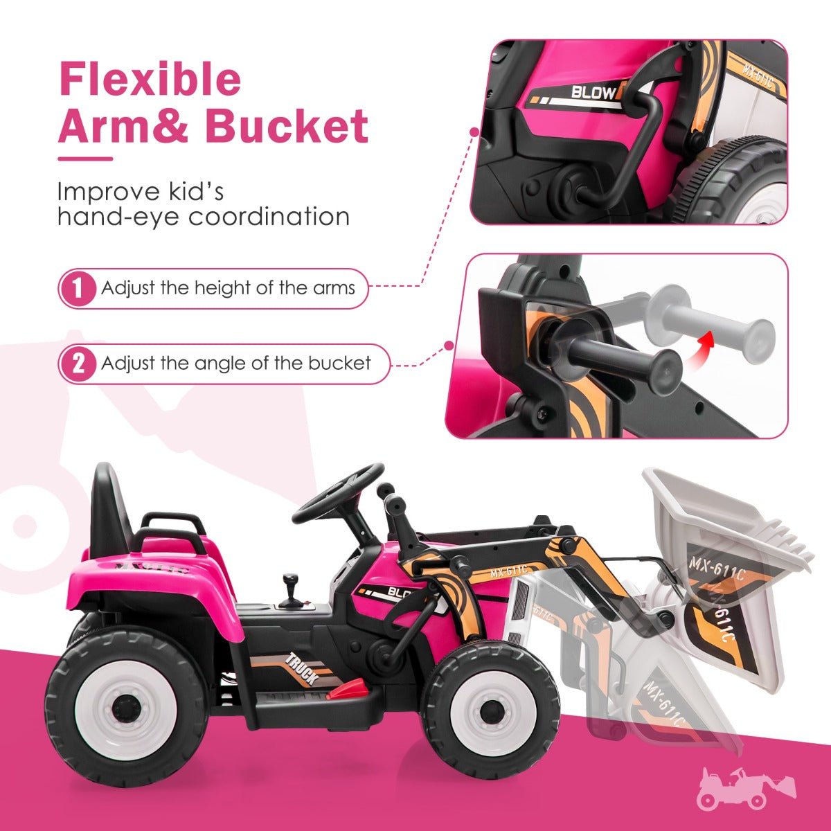 Little Builders Unite: 12V Kids Excavator Ride-On Toy, Adjustable Arm, Pink