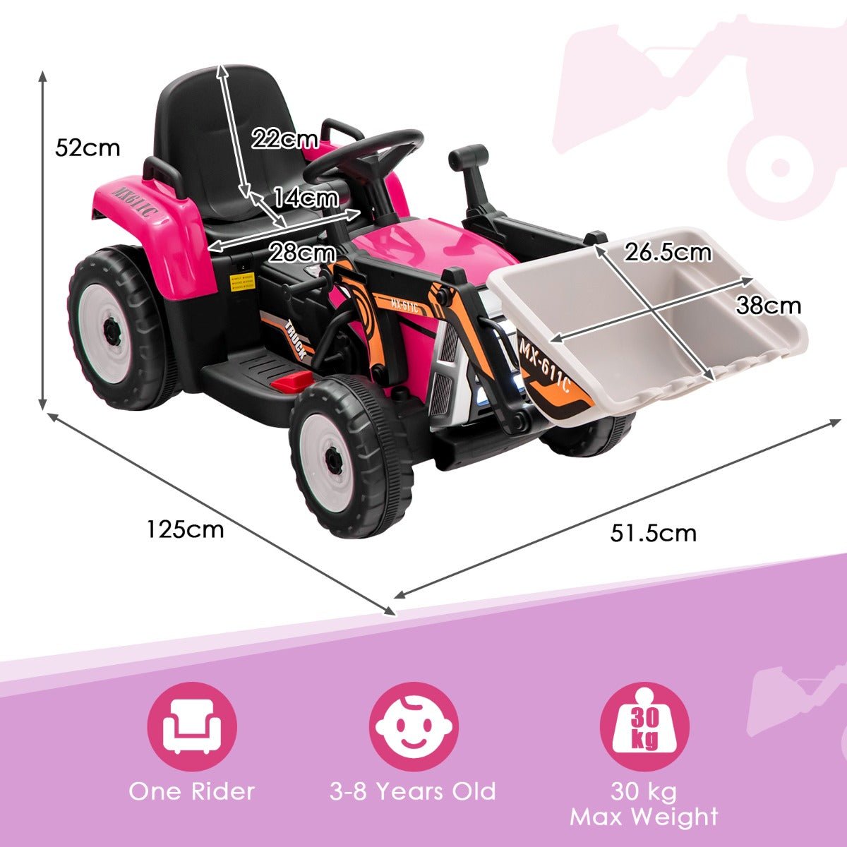 Pink Excavator Fun: 12V Kids Ride-On Toy with Adjustable Arm and Bucket