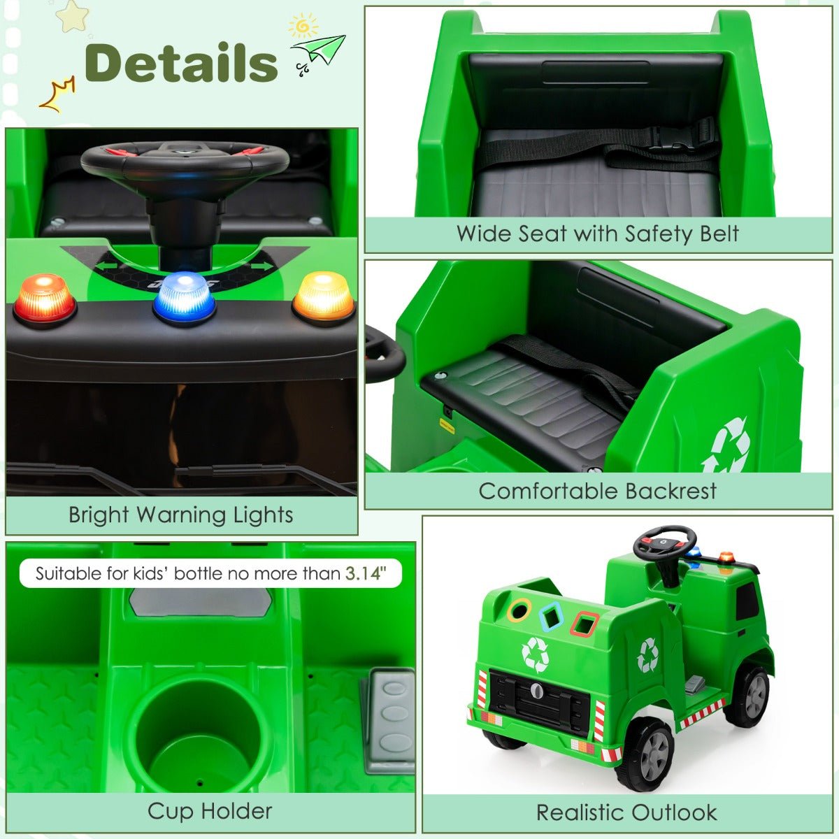 Little Environmentalist: 12V Kids Ride On Garbage Truck, Remote Control, Green