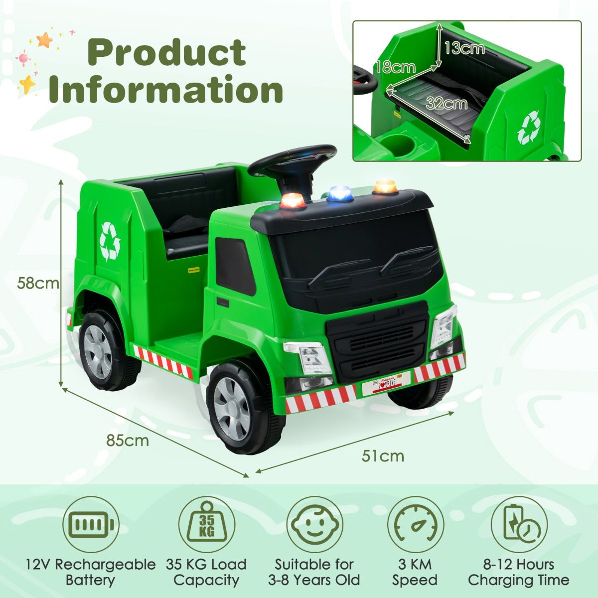 Playful Recycling: 12V Kids Garbage Truck Ride-On Toy, Remote Control, Green