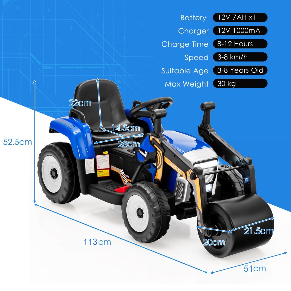 Upgrade Playtime with 12V Kids Ride on Road Roller - Remote Control Blue