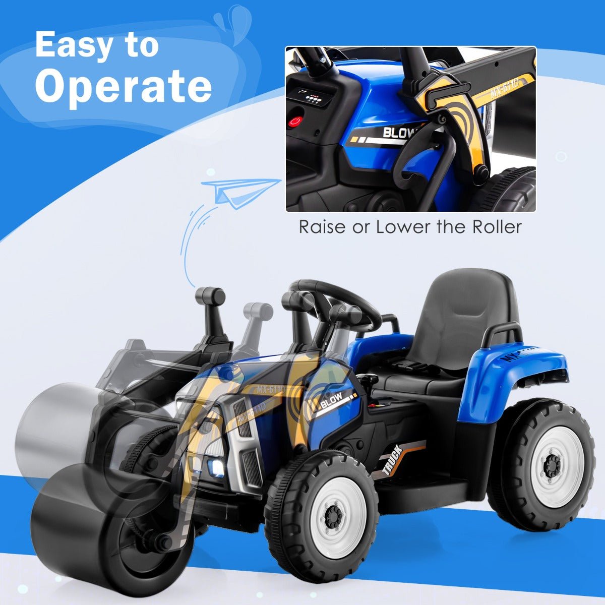 Experience Adventure: Kids Ride on Road Roller - Remote Control Blue