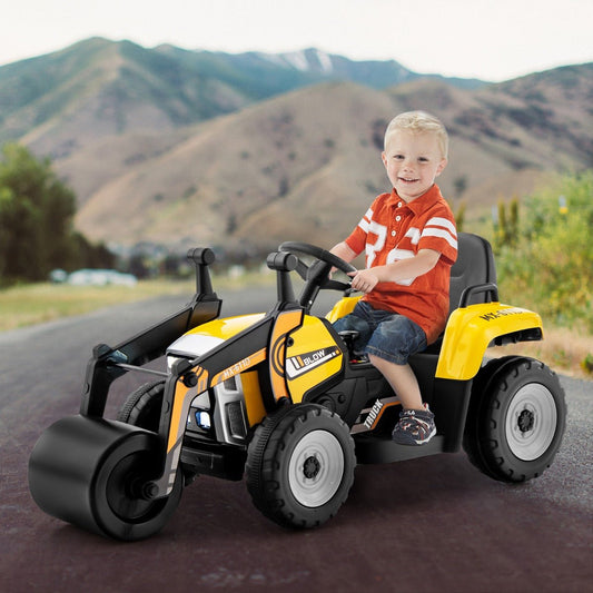 Yellow 12V Kids Ride-On Road Roller with Remote Control for playful indoor entertainment.