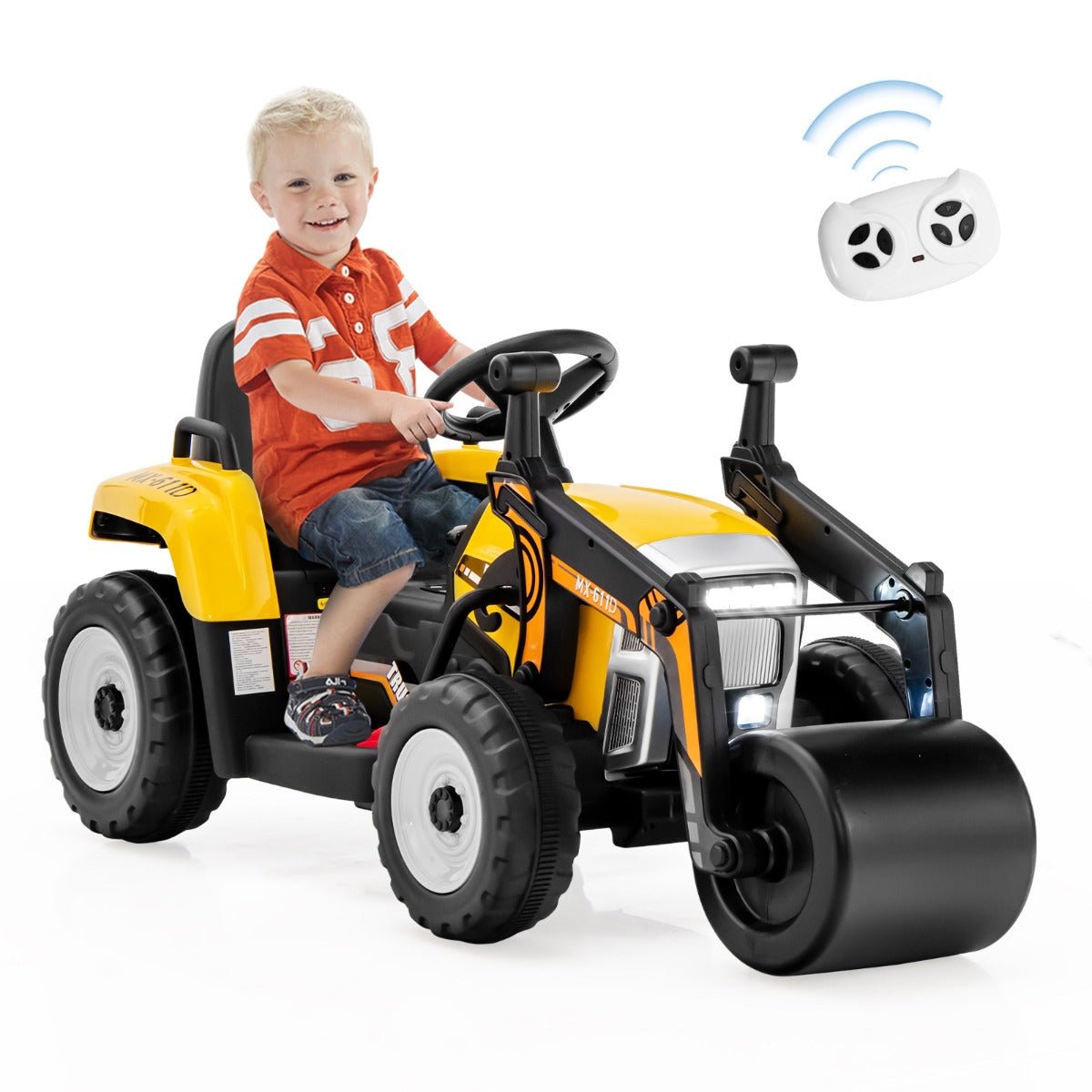 12V Kids Ride on Road Roller with Remote Control Yellow - Kids Mega Mart