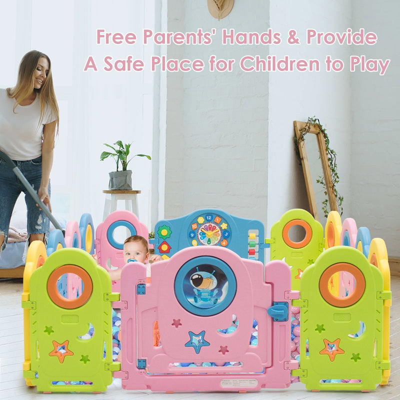 Secure 14 Panel Baby Play Yard with Safety Lock and Toy Features