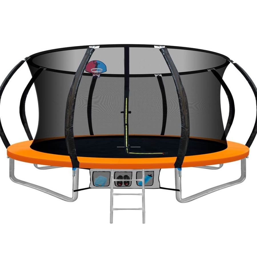 Orange 14FT Trampoline with Basketball Hoop for kids home fun and exercise.