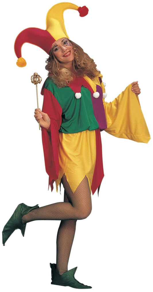 Colorful Kings Jester Costume with matching hat, perfect for imaginative play at home.