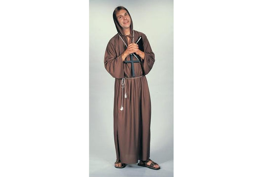 Adult brown hooded monk robe costume emphasizing cross necklace for home dress-up fun.