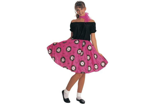 Retro adult 50s girl costume for home dress-up with record print dress and scarf.