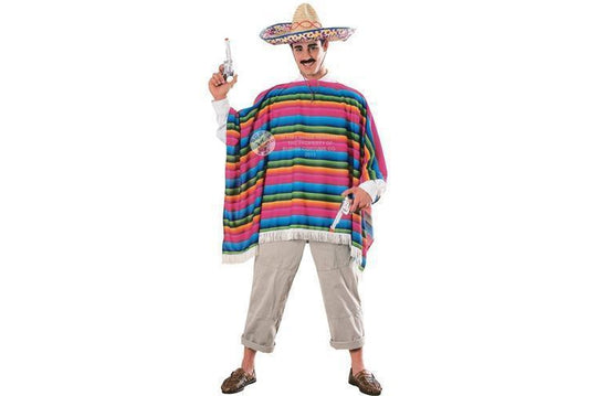 Colorful rainbow serape poncho and sombrero set for adults, perfect for fiesta-themed childrens parties.