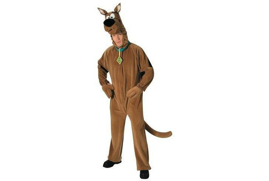 Scooby Doo adult jumpsuit costume with hood and paws for playful dress-up fun at home.