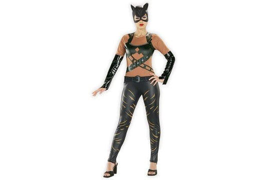 Catwoman adult costume with mask and jumpsuit, inspired by DC Comics for playful dress-up.