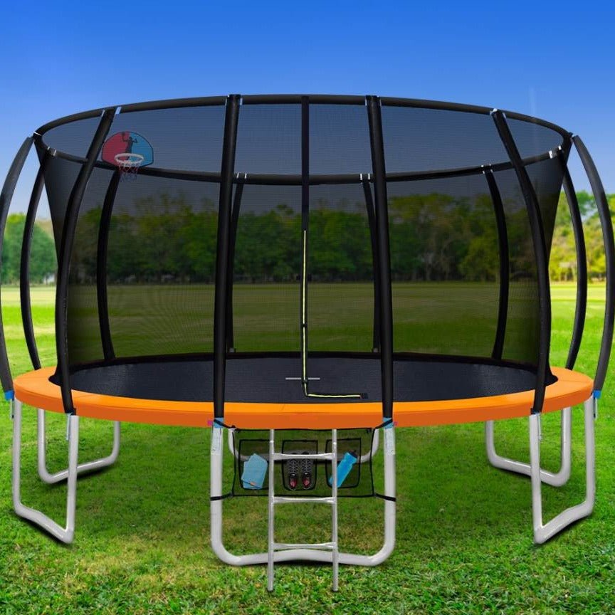 16FT Trampoline with Basketball Hoop in vibrant orange for active kids backyard fun.