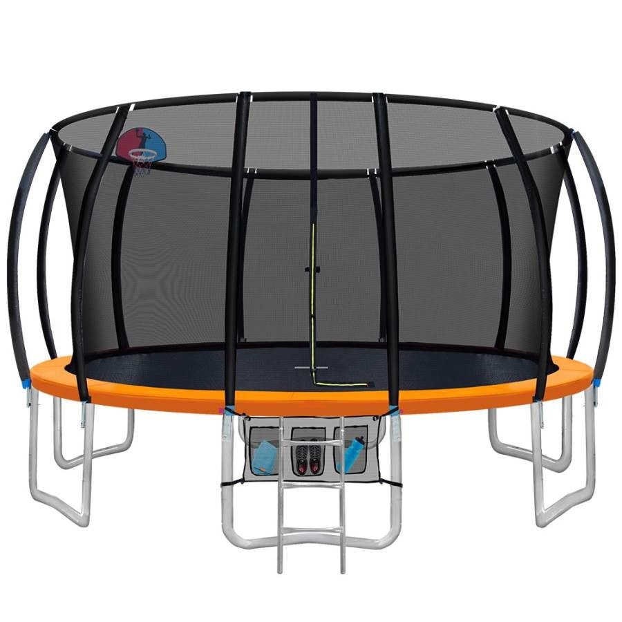 16ft trampoline with basketball hoop in vibrant orange for active kids at home.