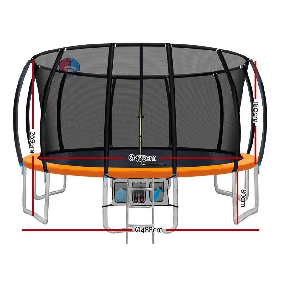 16FT trampoline with basketball hoop in vibrant orange color for kids active play.