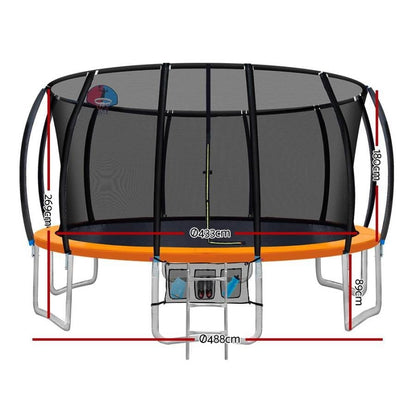 16FT trampoline with basketball hoop in vibrant orange color for kids active play.