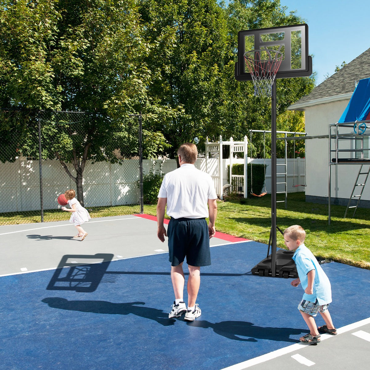 Kids and teen basketball hoop with wheels for adjustable height at home play.