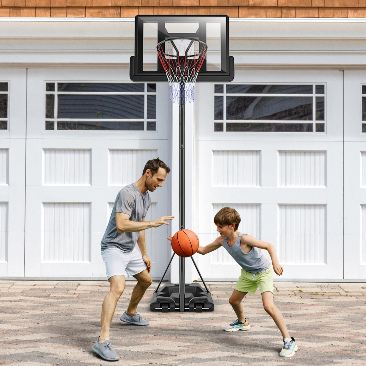 Kids and teen basketball hoop with adjustable height feature and wheels for easy portability.