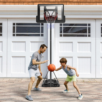 Kids and teen basketball hoop with adjustable height feature and wheels for easy portability.