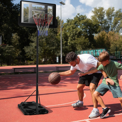 Portable basketball hoop for kids and teens with adjustable height feature and wheels.