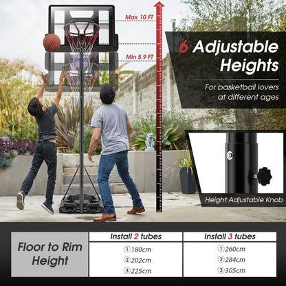 Portable, height-adjustable basketball hoop for kids and teens, with wheels for easy mobility.