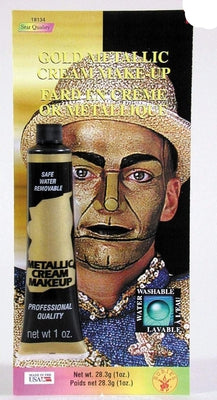 Gold metallic face paint cream in 30ml tube, perfect for Halloween costumes and kids fun.
