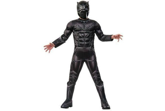 Kids Black Panther superhero costume, perfect for imaginative play at home. Official Marvel outfit.