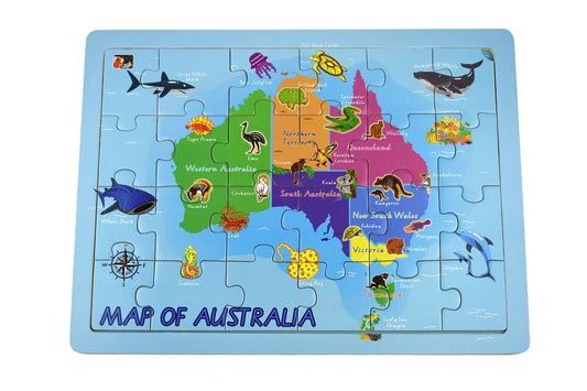 Wooden Australian map puzzle, doubles as jigsaw. Engaging, educational toy for children at home.