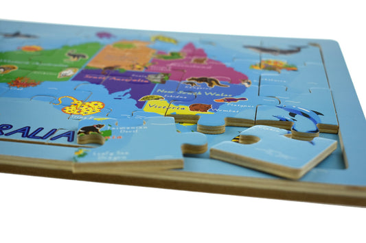 Wooden Australian map jigsaw puzzle, doubles as educational toy for kids at home.