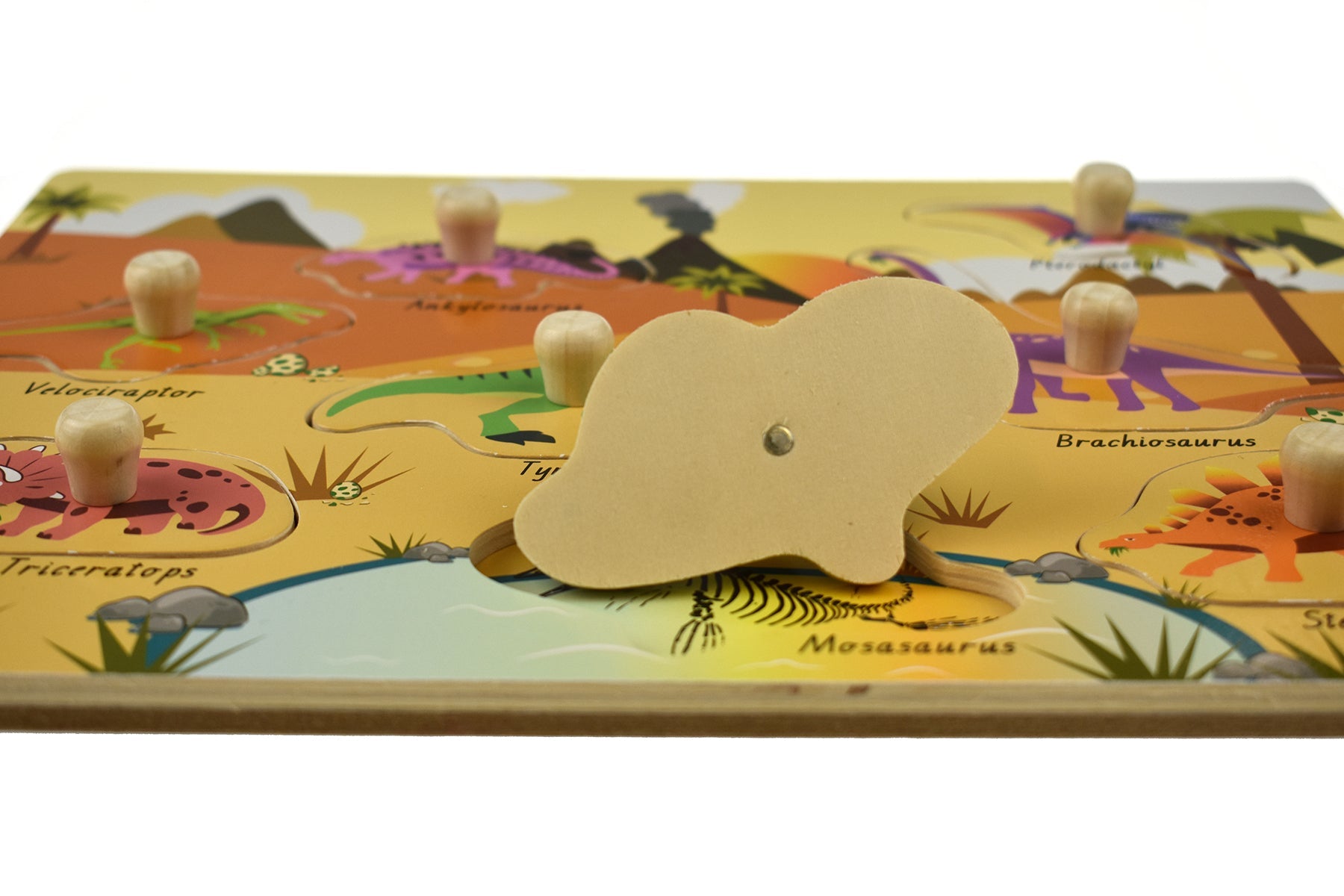 Dinosaur peg puzzle for kids, 2-in-1 design promotes motor skills and problem-solving.